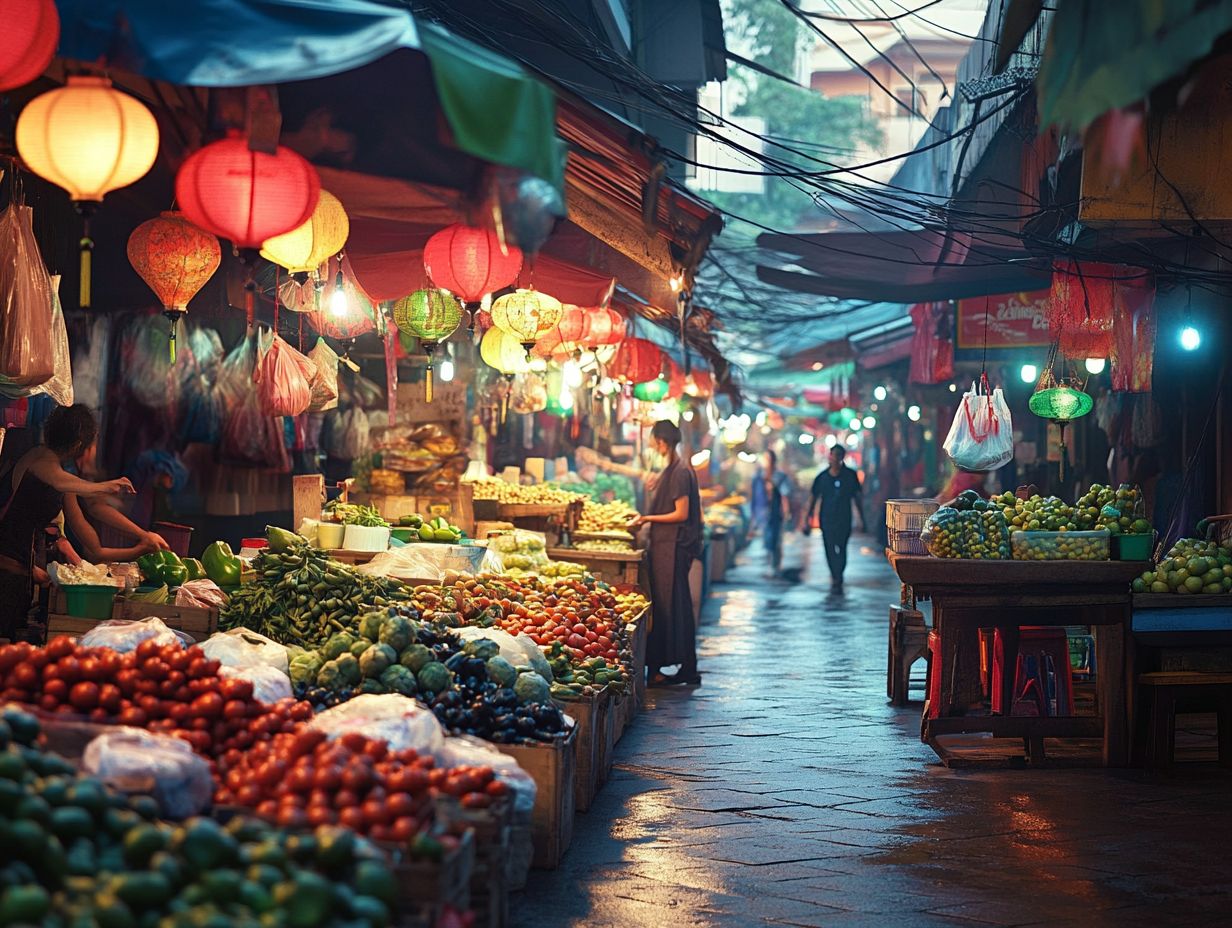 A vibrant market scene showcasing the art of bargaining for better prices in Southeast Asia