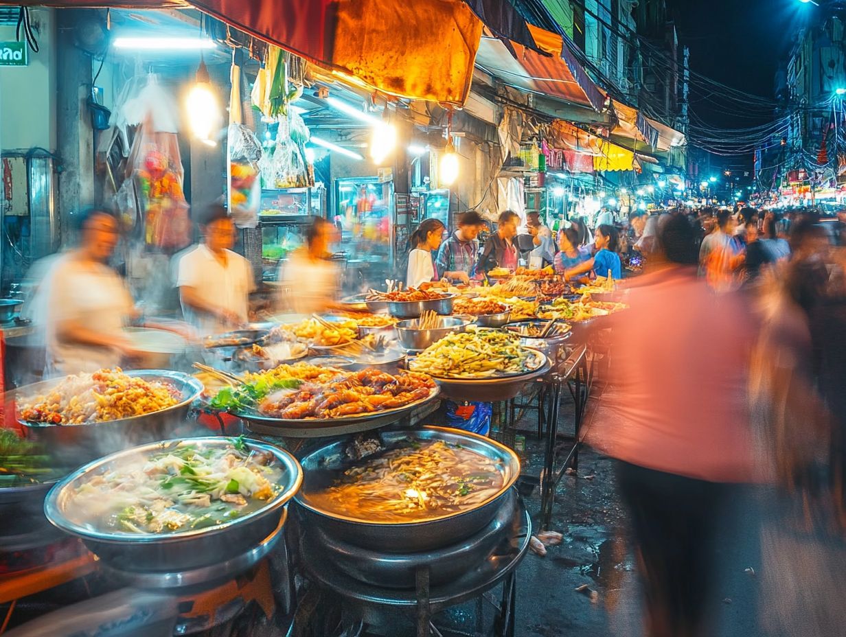 A vibrant street food scene in Ho Chi Minh City showcasing various local dishes.