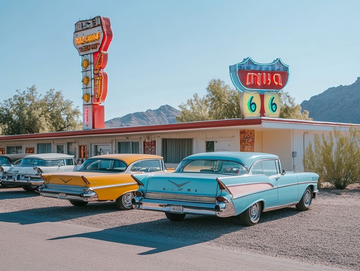 A scenic view of Route 66 with landmarks