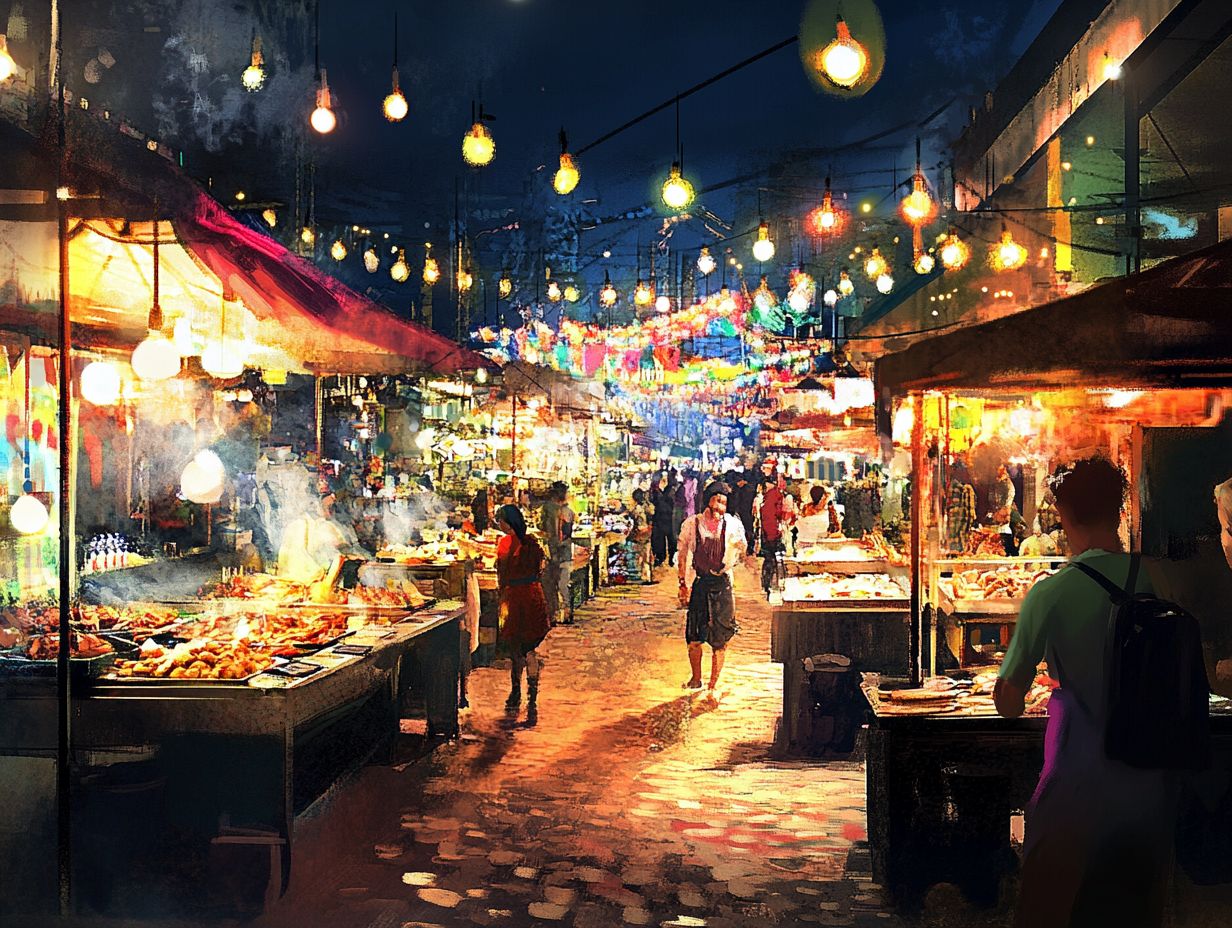 A vibrant street food scene showcasing various dishes.