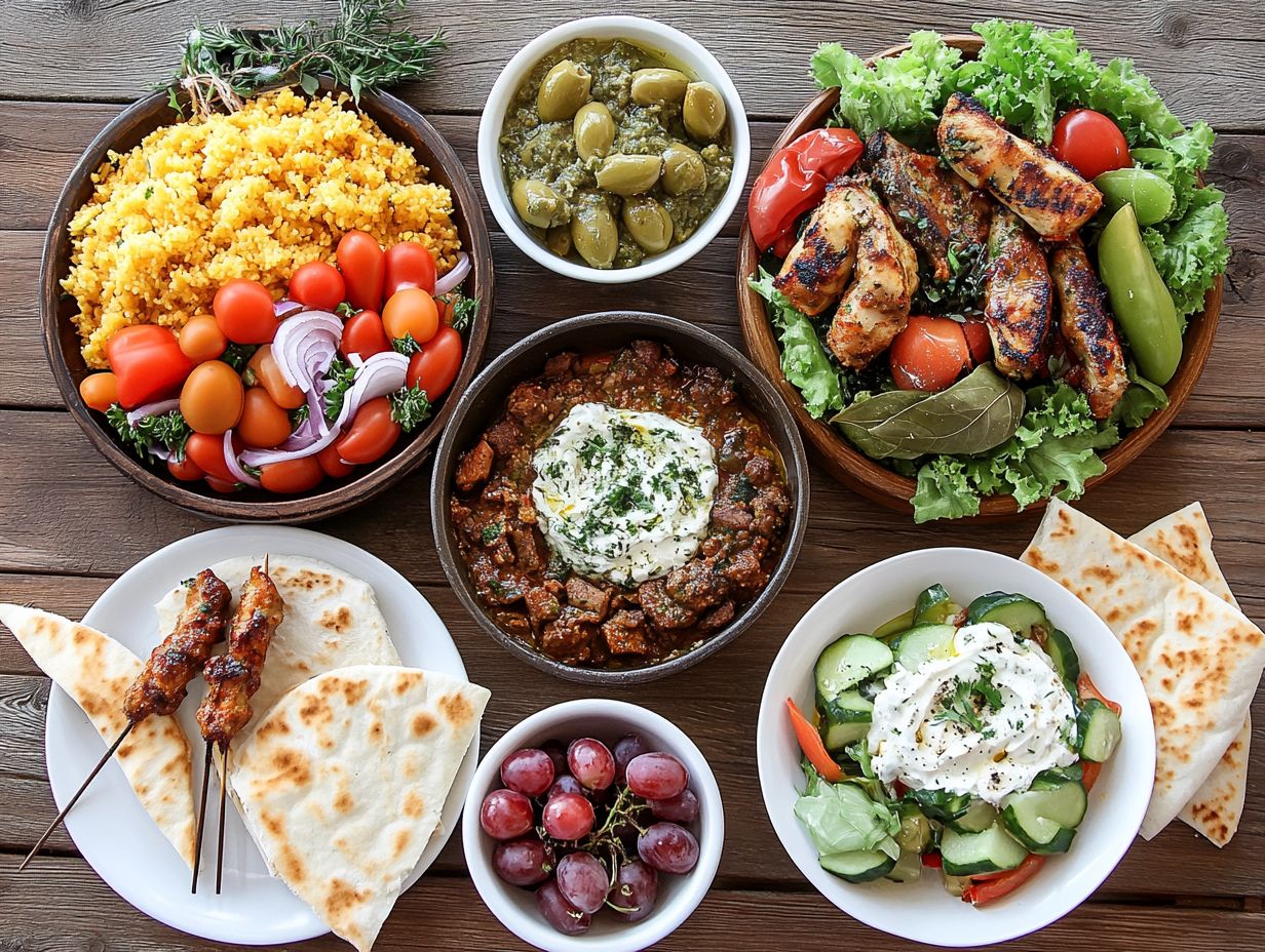 Fresh ingredients in Greek cuisine displayed in a vibrant market.