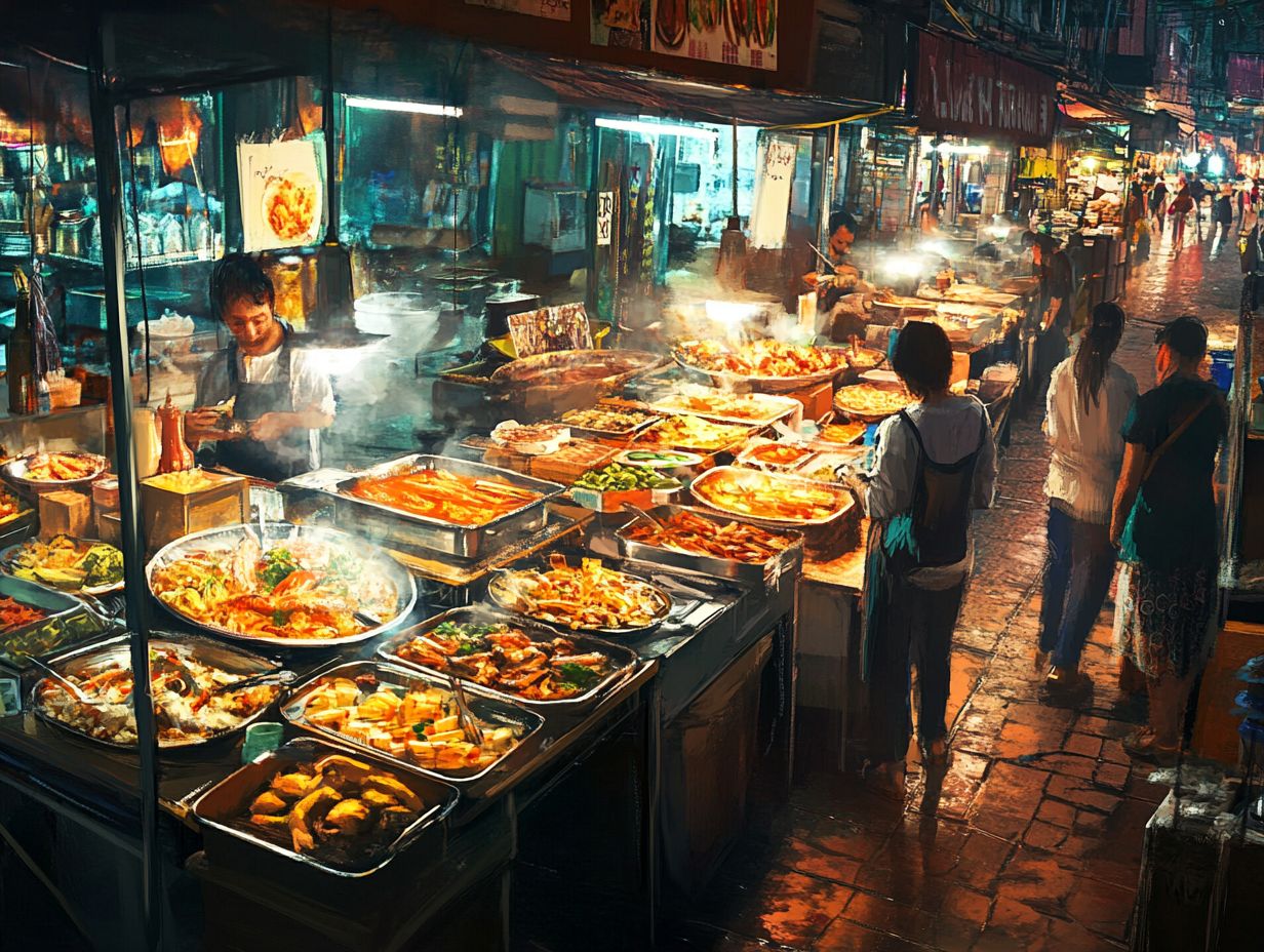 A colorful street market with various food vendors