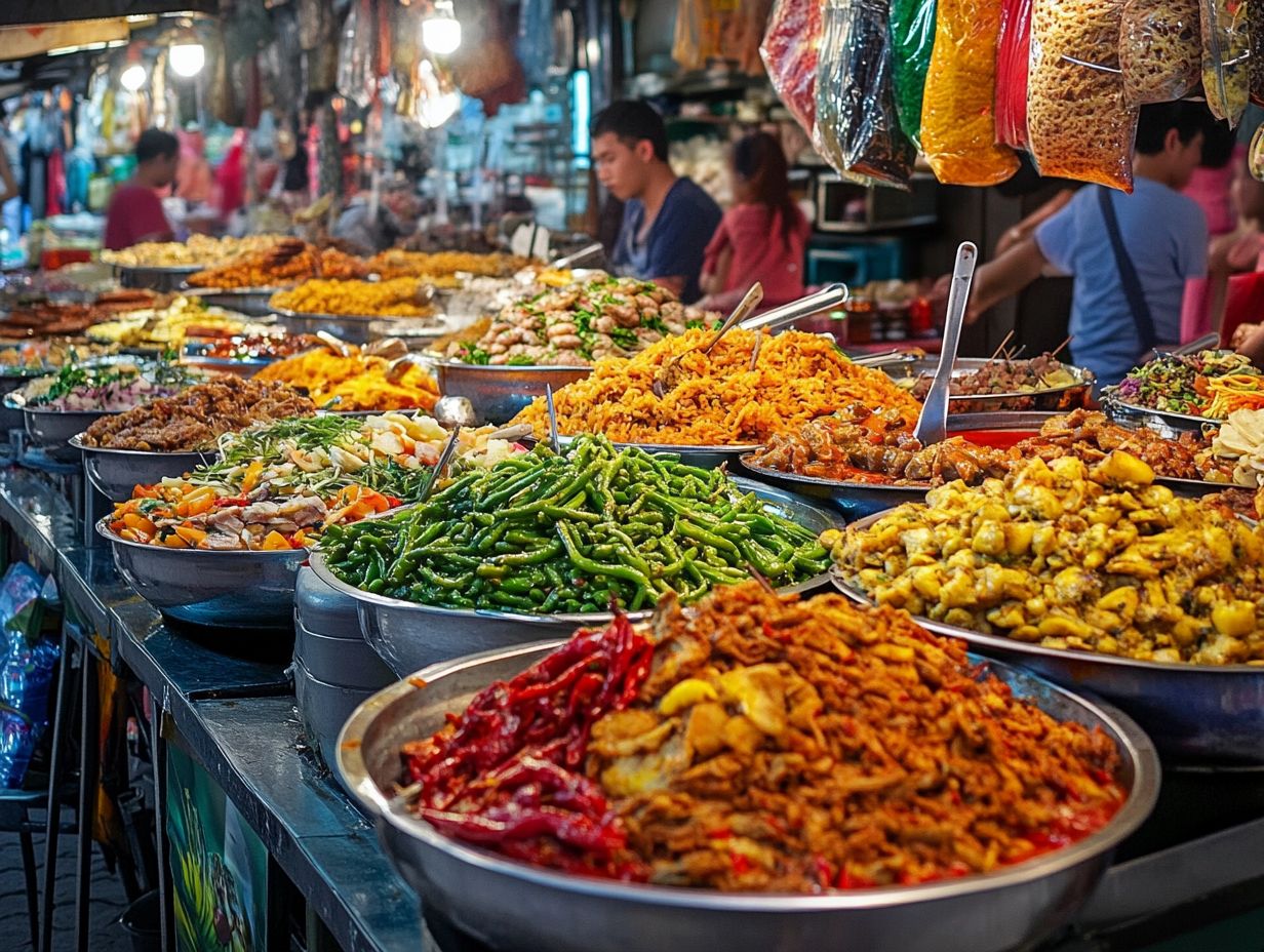 A variety of street food options at a bustling market