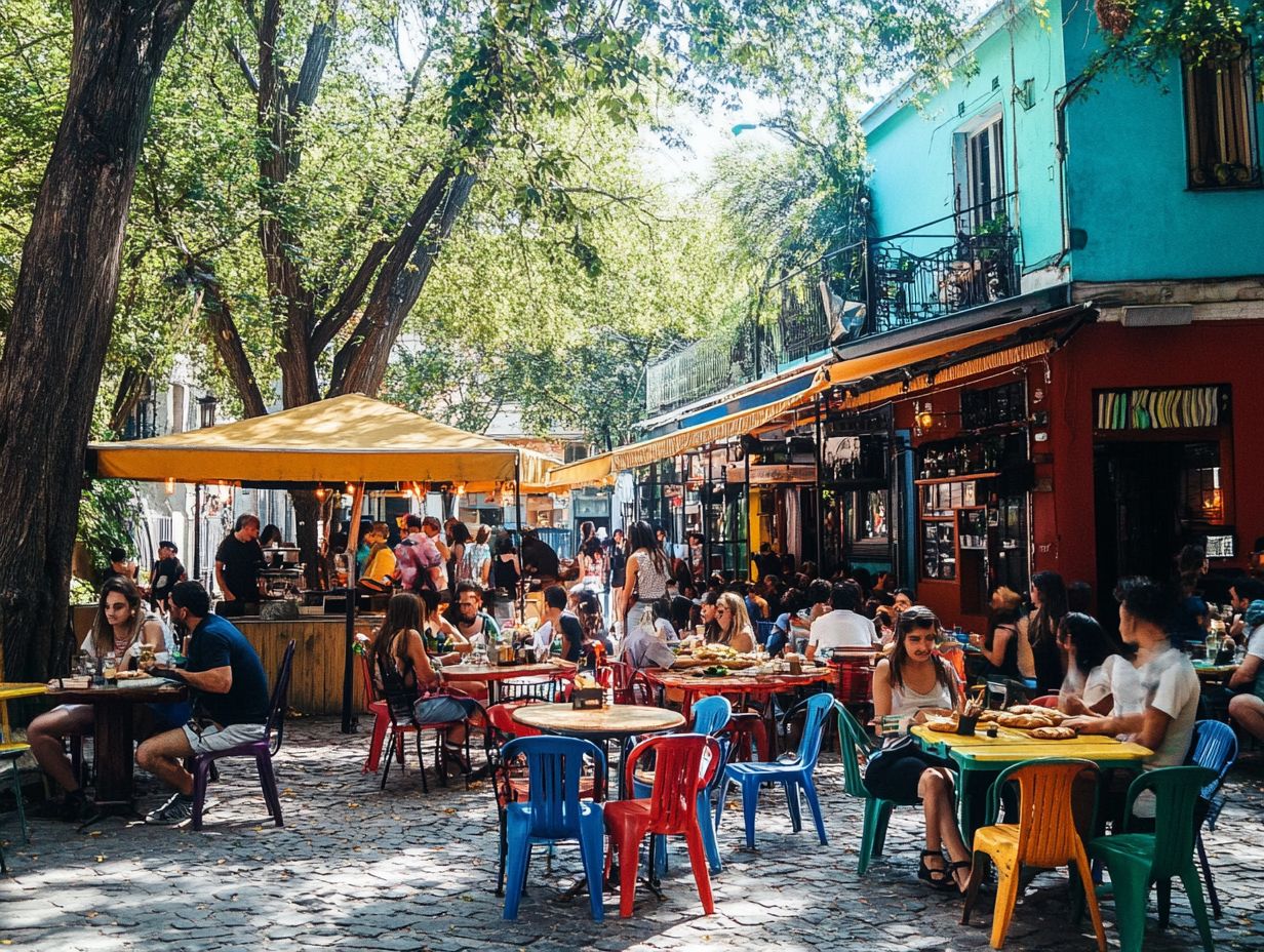 A vibrant street view of local eateries in Buenos Aires showcasing inviting dining spaces.