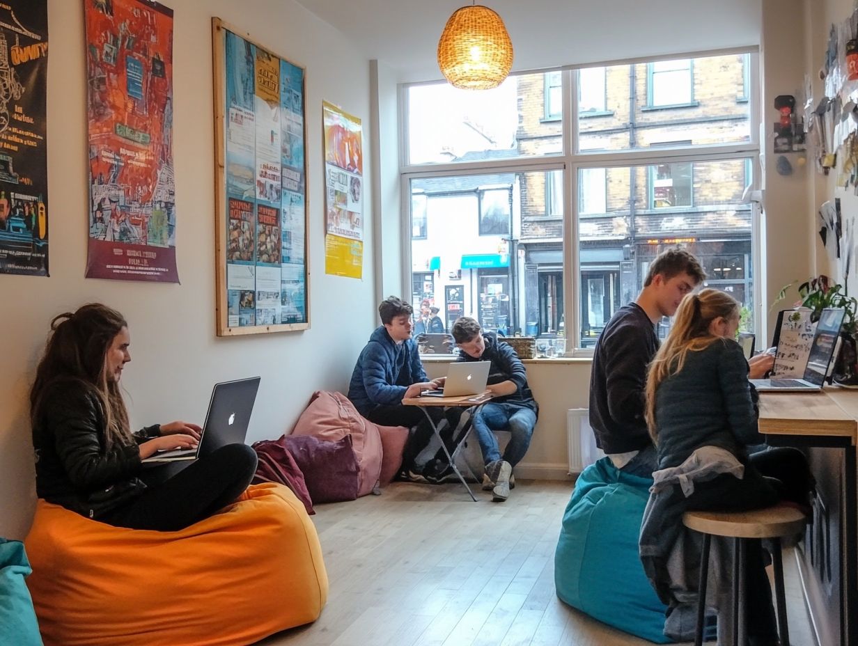 Interior of Abrahams Hostel showing cozy lounge