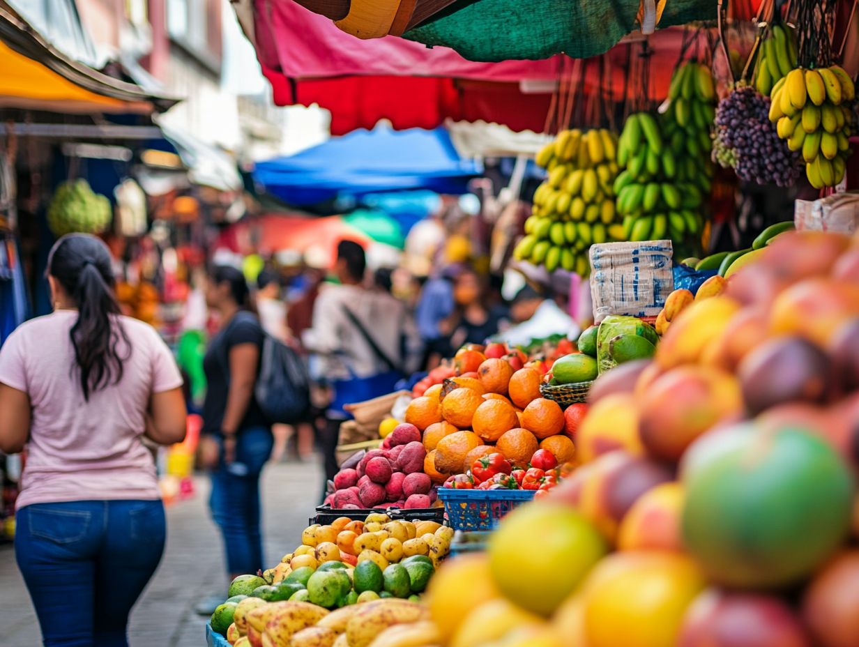 A colorful street food market showcasing affordable local cuisine