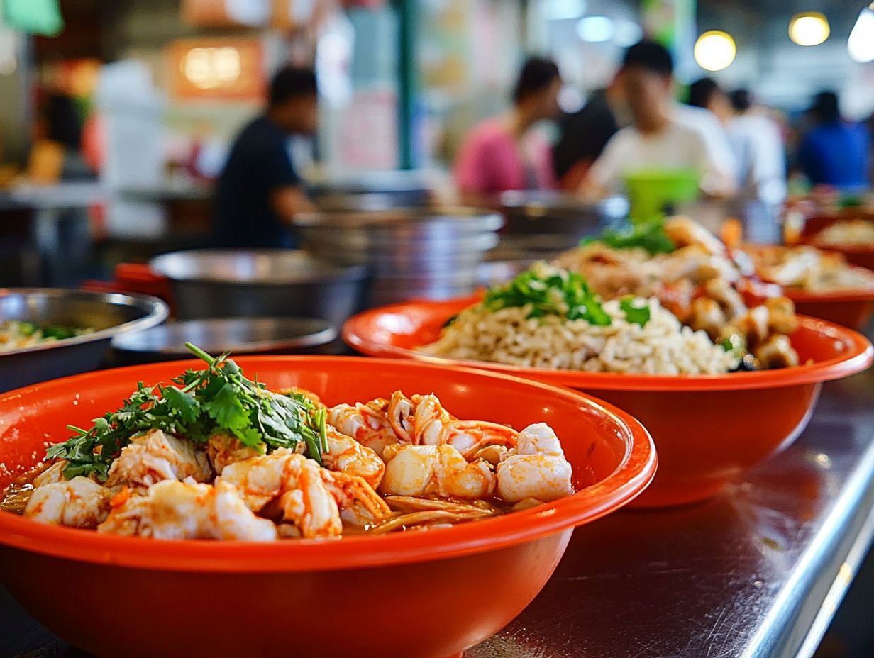 A selection of must-try dishes in Singapore including Hainanese Chicken Rice and Laksa.