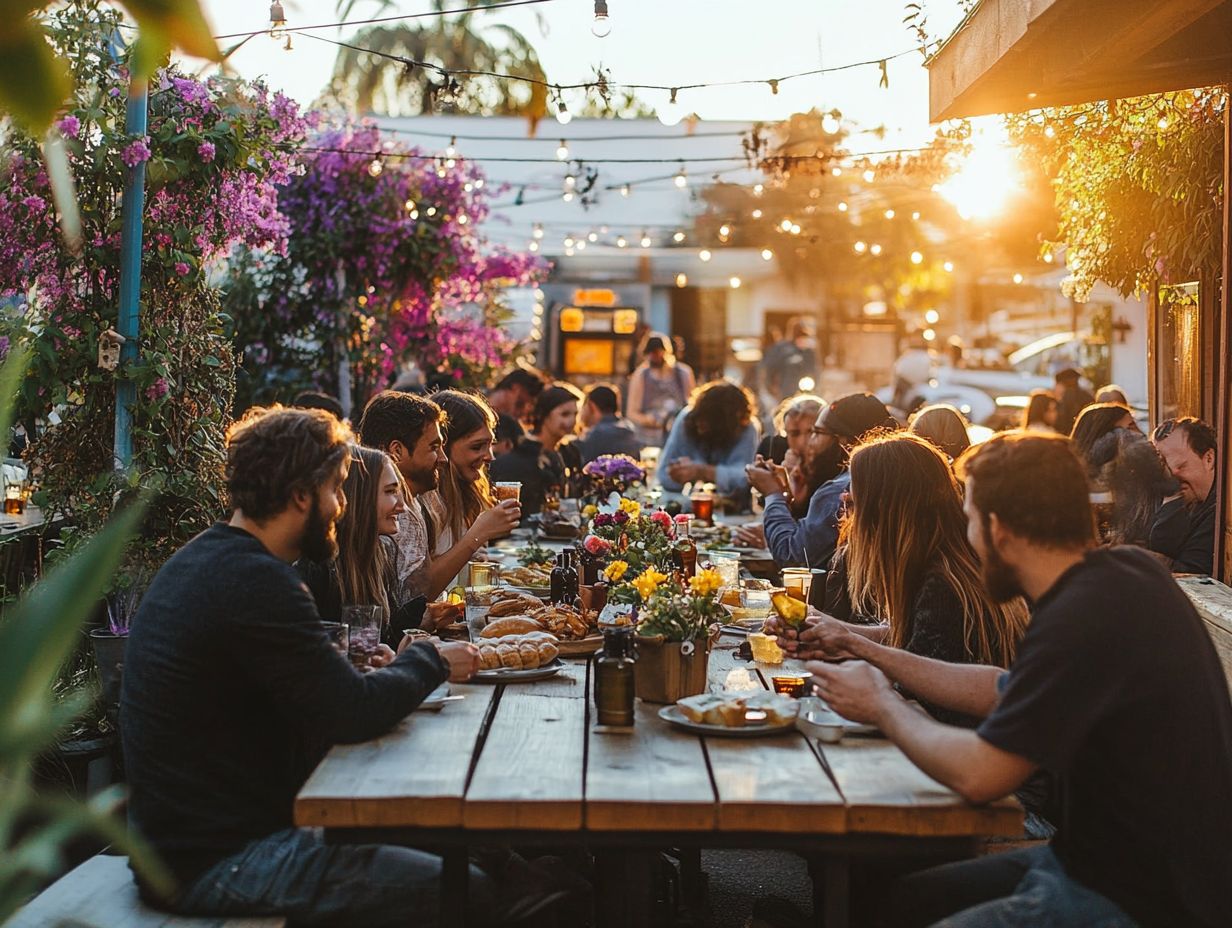 Image showcasing BYOB restaurant scene with diverse patrons enjoying food and drinks