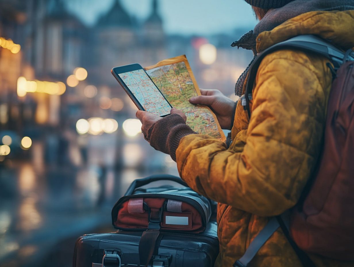 A traveler consulting a first aid kit